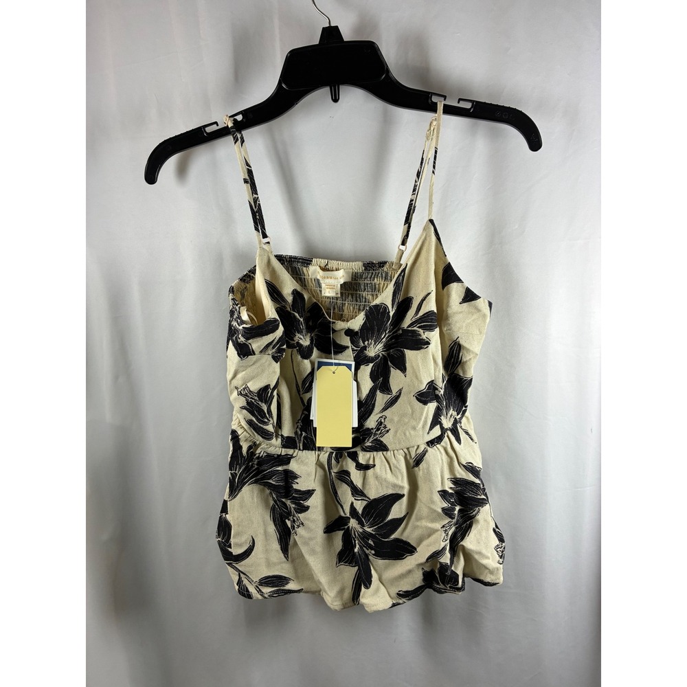 Monteau Los Angeles Floral Camiโ Top Cream Black Linen Blend Peplum Large New